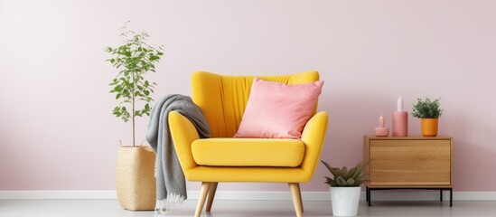 Mustard armchair with pink blanket, end table, plants, and pictures in apartment corner.