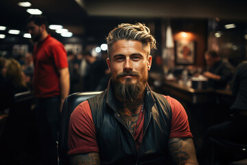 Obraz premium Stylish bearded man with tattoos sitting casually in a bar, portraying confidence and modern fashion.