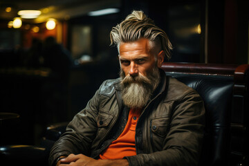 Stylish bearded mature man with a trendy hairstyle sitting thoughtfully in a bar, exuding confidence and sophistication.