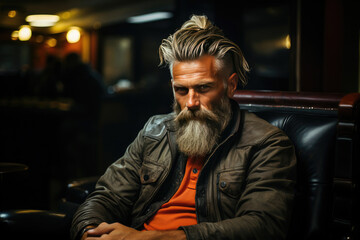 Fototapeta premium Stylish bearded mature man with a trendy hairstyle sitting thoughtfully in a bar, exuding confidence and sophistication.