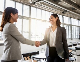 Fototapeta premium 商談に成功し握手をするビジネスウーマンのAI画像