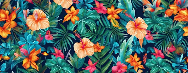 Fototapeten Tropical exotic pattern with animal and flowers in bright colors and lush vegetation. Ai Generative. © Mix and Match Studio