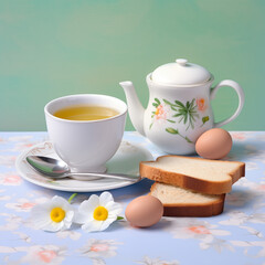 Fototapeta na wymiar Morning Composition: Breakfast Spread on the Table with Eggs, Toasts, and a Cup of Green Tea, Radiating Serenity in Soft, Gentle Tones – Capturing the Tranquil Start of the Day