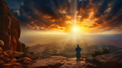 Obraz premium Prayer on the Top of the Mountain Under the Rays of the Sun