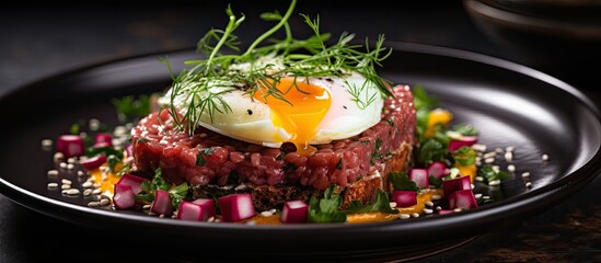 Gourmet beef tartar with egg and vegetables presented on a modern dish.