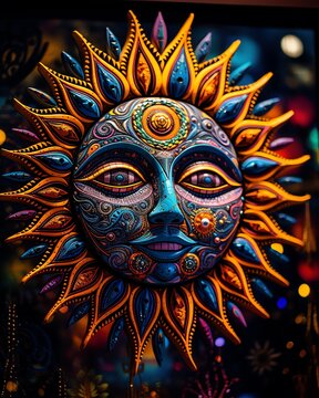 a colorful sun with a face painted on it