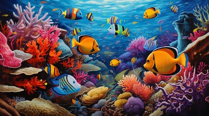 Fototapeta na wymiar A collection of tropical fish in a brilliantly colored coral reef, showcasing the diverse and vivid underwater world.