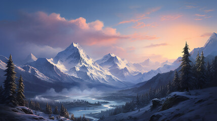 Dusk Serenity: AI-Generated Snow-Capped Winter Peaks