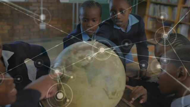 Animation of network of connections and globe over diverse school children