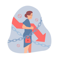 Pregnant woman in chains with lock. Arrow down, forbidden circle signs on background. Metaphor for tightening restrictions on abortion concept