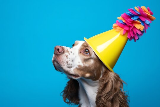 a dog wearing a yellow party hat