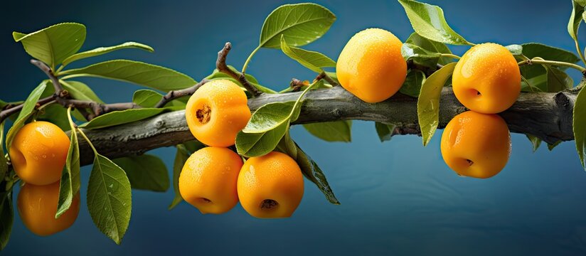 Loquat fruits on a branch, grown at home.