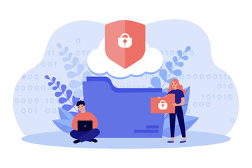 Tiny man with laptop and huge file folder with woman holding lock. Flat vector illustration. Cloud storage and shield with lock. Security, privacy standards, storing information in independent cloud