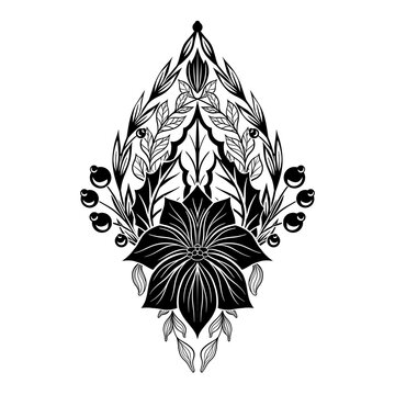 recommend clip art: Vector monochrome decorative holiday clipart with poinsettia flower isolated from background. Black silhouette of Christmas flower star