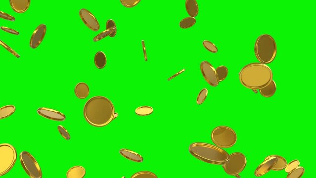 3d gold coins rain green screen and overlay looping animation video with the same duration.