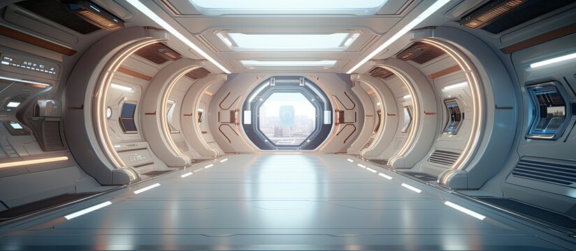 Spaceship interior architecture visualized in 3D rendering.