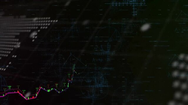Animation of financial data processing over world map on dark background