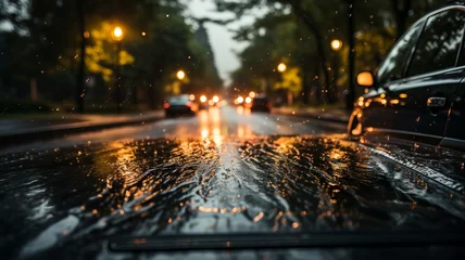 Deurstickers A car windshield during a rainstorm, with raindrops streaking across the glass, creating an immersive and cinematic view of the wet road ahead © Naqash