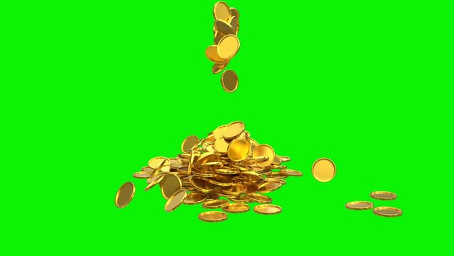 3d gold coins rain pile on the floor green screen and overlay animation video with the same duration.