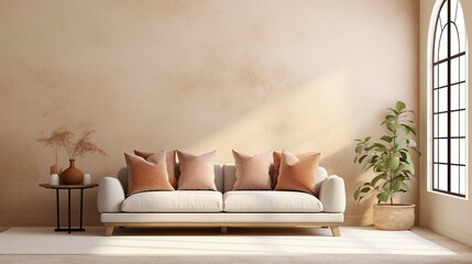 Fototapeta na wymiar Loft home interior design of modern living room. beige sofa with terra cotta pillows against arched window near stucco wall with copy space