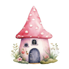 Watercolor of gnome house, Fairy tale house isolated on background.