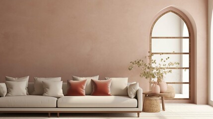 Loft home interior design of modern living room. beige sofa with terra cotta pillows against arched window near stucco wall with copy space