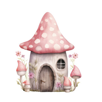 Watercolor of gnome house, Fairy tale house isolated on background.