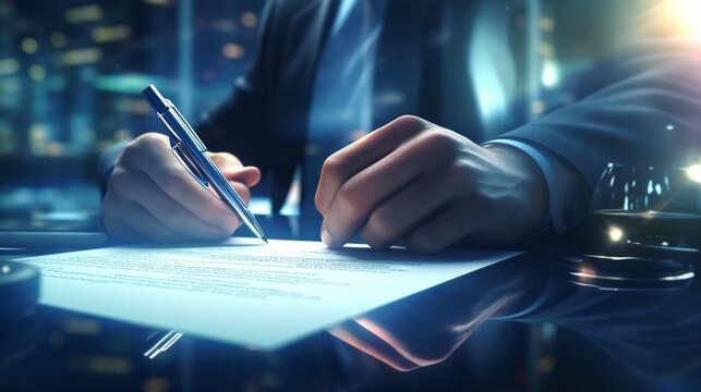 Management is reviewing and signing business contract documents. Transaction and document management concepts include negotiating legal entities and filling out legal forms or agreements.