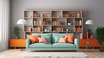 Mint sofa with orange pillows against bookcase. Home library. Scandinavian interior design of modern living room