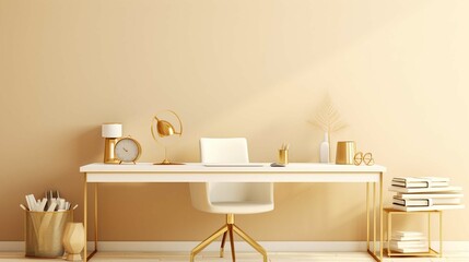 
Modern office desk with gold accessories. Empty space, mock up. Minimal style.