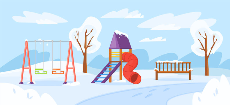 Children playground in snowy park vector illustration. Swing, slide, bench covered with snow. Snowy weather, leisure activities concept