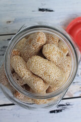 Indonesian snack called mancung in a jar on the table