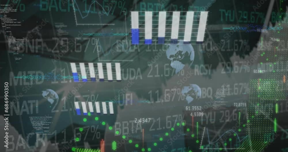 Poster animation of data processing and world map over globes