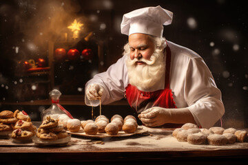 Santa Claus baker in a chef's uniform, cooking Сhristmas cookies