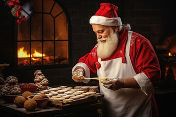 Santa Claus baker in a chef's uniform, cooking Сhristmas cookies