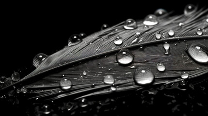 Fragment of a feather of a bird with drops of water. Photographed closeup. Generative Ai