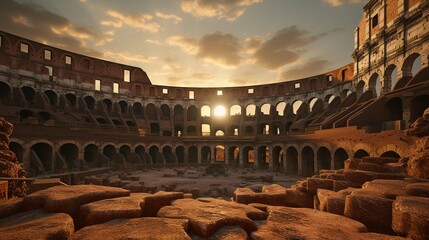 Photograph the iconic grandeur of the Colosseum, its imposing structure echoing the gladiatorial battles and public spectacles - obrazy, fototapety, plakaty