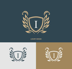 Luxury letter I monogram emblem template with elegant calligraphy ornament. graceful I logo. Signs for business, Restaurant, Royalty, Boutique, Hotel, Heraldic, Jewelry, Fashion, Cafe, etc. vector
