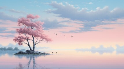 A delicate pink and serene blue sky at dawn, blending harmoniously to paint a tranquil and picturesque morning scene.
