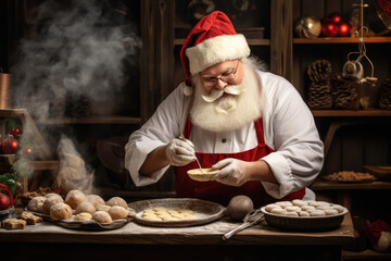 Santa Claus baker in a chef's uniform, cooking Сhristmas cookies