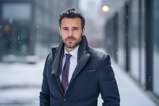 Portrait of a handsome young man with a beard and mustache in a blue jacket and black tie standing on the street in the rain.