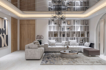 Living room modern luxury 3d rendering set in dining room interior design