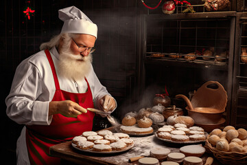 Santa Claus baker in a chef's uniform, cooking Сhristmas cookies
