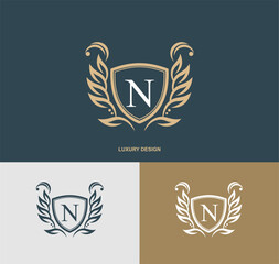 Luxury letter N monogram emblem template with elegant calligraphy ornament. graceful N logo. Signs for business, Restaurant, Royalty, Boutique, Hotel, Heraldic, Jewelry, Fashion, Cafe, etc. vector