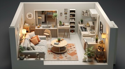 
Plan a cohesive and functional layout for a small apartment or studio