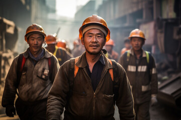 Fototapeta premium Asian firefighters are going through the ruins of a house after a fire disaster evacuation