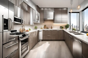 The allure of a luxury apartment kitchen captured in high definition, with gleaming stainless steel appliances and a meticulous arrangement of design elements.
