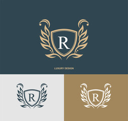 Luxury letter R monogram emblem template with elegant calligraphy ornament. graceful R logo. Signs for business, Restaurant, Royalty, Boutique, Hotel, Heraldic, Jewelry, Fashion, Cafe, etc. vector