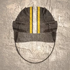 Fototapeten Ice hockey helmet textured by Boston Bruins team uniform colors. Concrete wall grunge texture © JEGAS RA