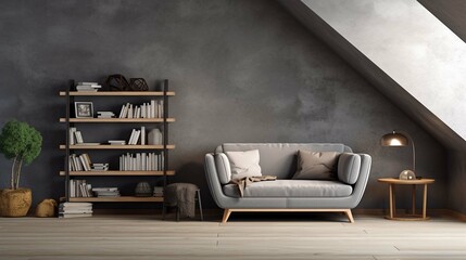 
Sofa and lounge chair against grey wall with rustic shelves. Scandinavian home interior design of modern living room in attic.